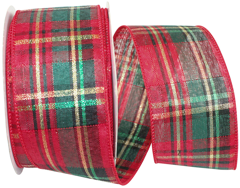 Red Holiday Plaid Sparkle Wired Edge Ribbon 2-1/2 Inch
