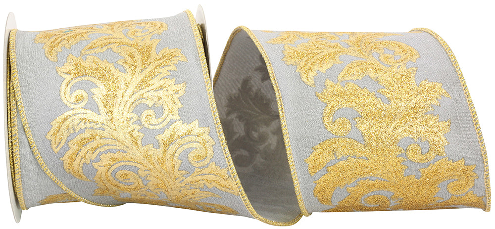 Metallic Filigree Dupioni Ribbon Silver Gold 4 Inch