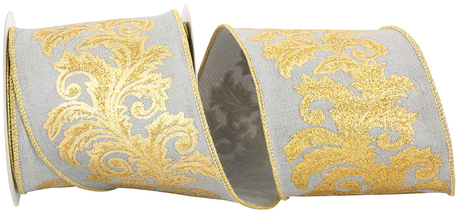 Metallic Filigree Dupioni Ribbon Silver Gold 4 Inch