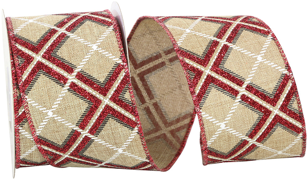 Plaid Diagonal Glitter Wired Edge Ribbon Natural Red 2-1/2 Inch