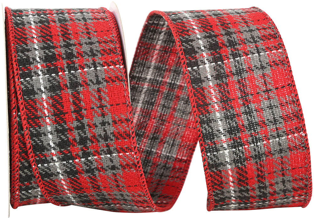 Red Grey Plaid Heavy Twill Wired Edge Ribbon 2-1/2 Inch