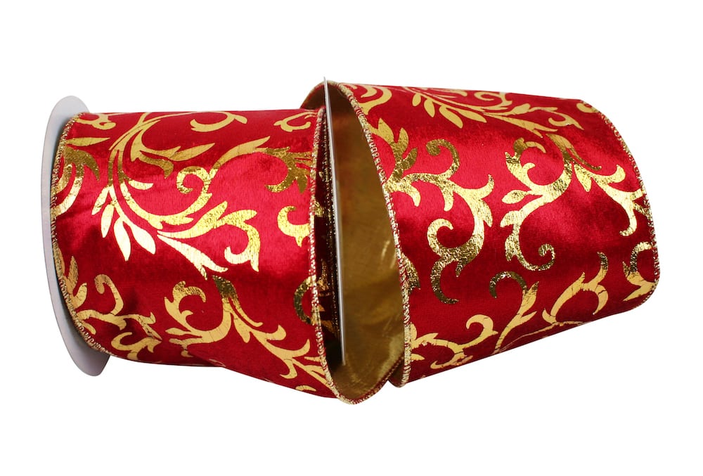 4 Inch Scarlet Gold Velvet Wired Edge Ribbon for Wreaths