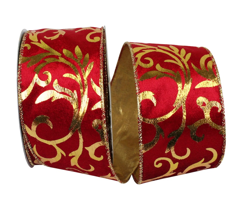 Scarlet Gold Velvet Wired Edge Ribbon 2-1/2 Inch 10 Yards