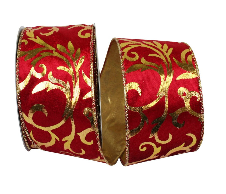 Scarlet Gold Velvet Wired Edge Ribbon 2-1/2 Inch 10Yds