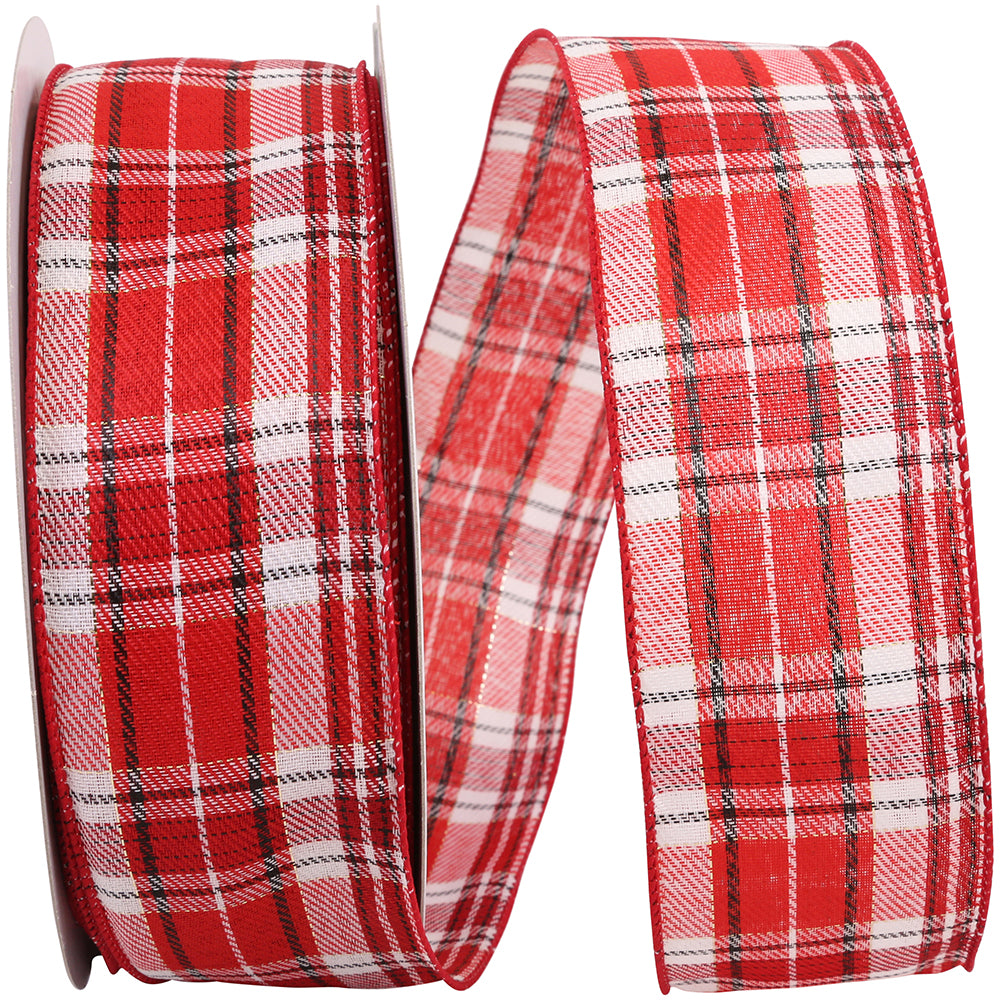 Spearmint Twill Holiday Plaid Wired Edge Ribbon Red White 2-1/2 Inch