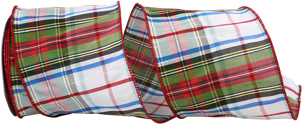 Wired Edge Ribbon White 4 Inch Stewards Plaid Dupioni