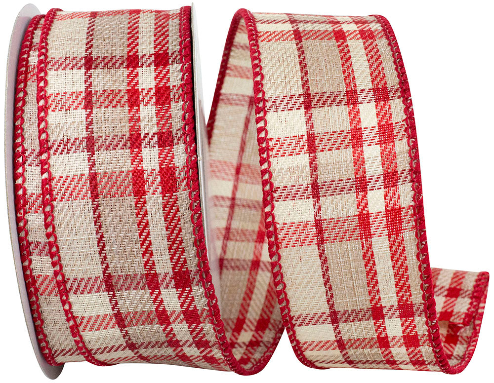 Natural Red Plaid Wired Edge Ribbon 1-1/2 Inch Taupe Twill
