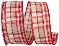 Natural Red Plaid Wired Edge Ribbon 1-1/2 Inch Taupe Twill