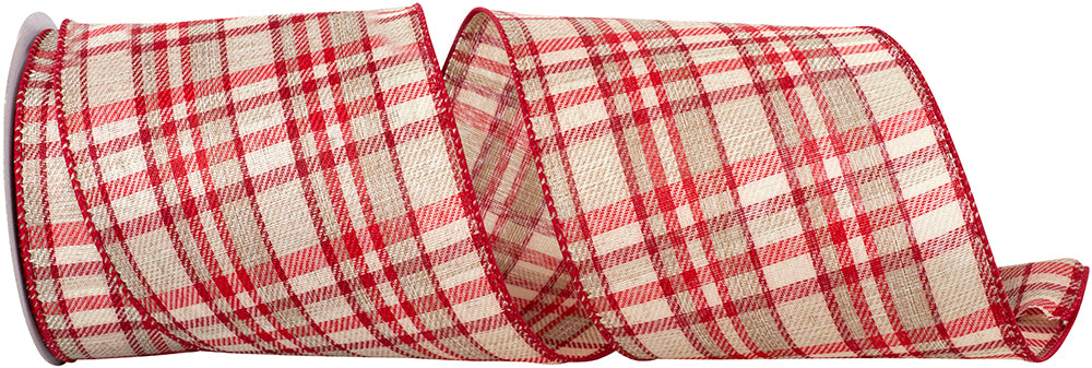 4 Inch Natural Red Taupe Twill Holiday Plaid Ribbon