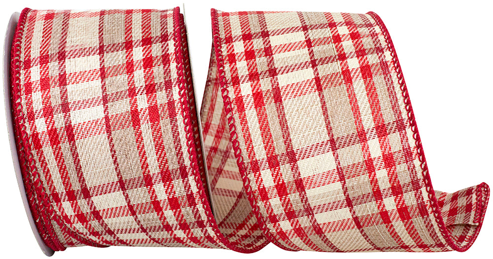 2-1/2 Inch Natural Red Taupe Twill Holiday Plaid Ribbon