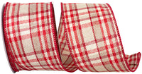 2-1/2 Inch Natural Red Taupe Twill Holiday Plaid Ribbon