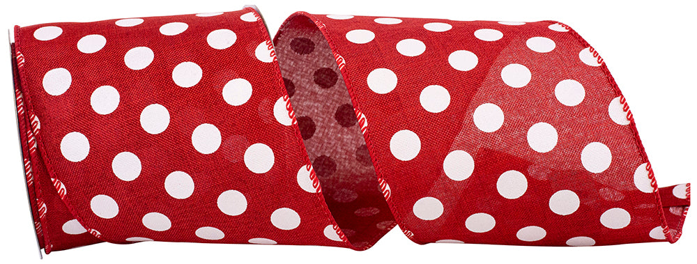 Red 4 Inch White Jumbo Dots Linen Wired Edge Ribbon for Wreaths & Bows