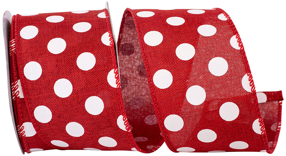 Red 2-1 2 Inch White Jumbo Dots Linen Wired Edge Ribbon for Wreaths & Bows