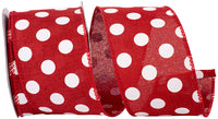 Red 2-1 2 Inch White Jumbo Dots Linen Wired Edge Ribbon for Wreaths & Bows