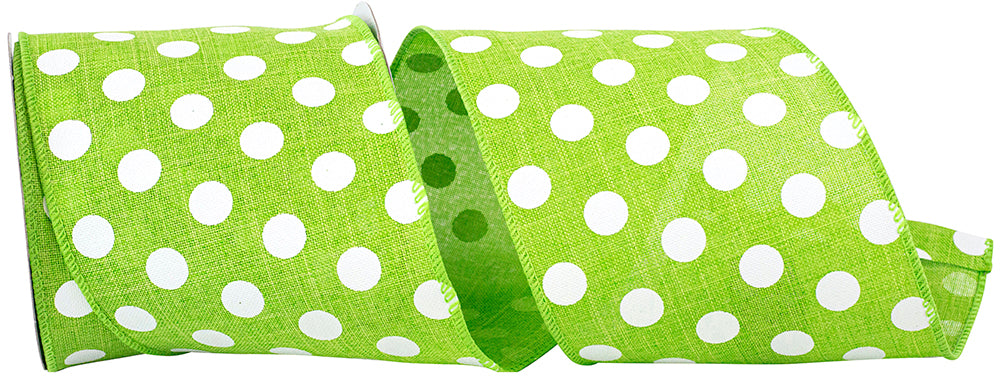 Lime 4 Inch White Jumbo Dots Linen Wired Edge Ribbon for Wreaths & Bows