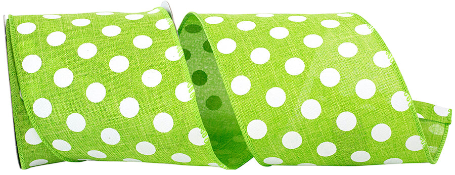 Lime 4 Inch White Jumbo Dots Linen Wired Edge Ribbon for Wreaths & Bows