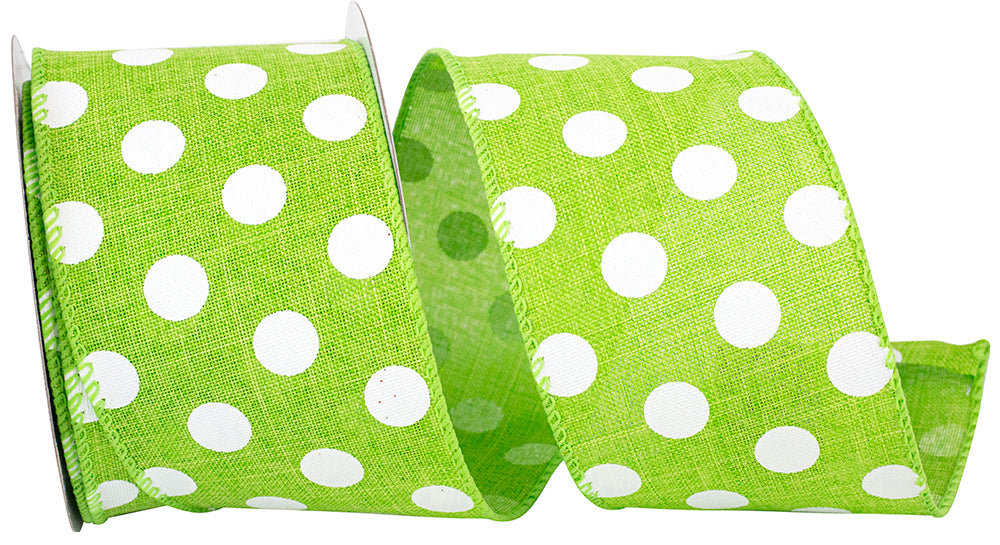 Lime 2-1 2 Inch White Jumbo Dots Linen Wired Edge Ribbon for Wreaths & Bows