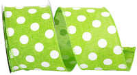 Lime 2-1 2 Inch White Jumbo Dots Linen Wired Edge Ribbon for Wreaths & Bows