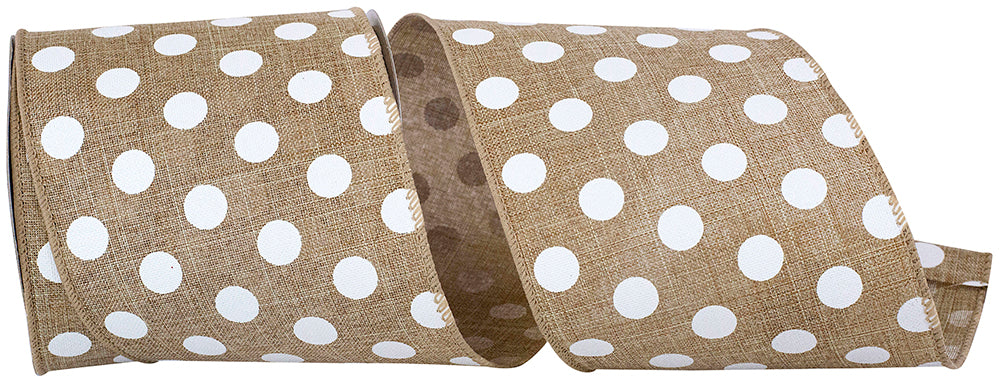 Natural 4 Inch White Jumbo Dots Linen Wired Edge Ribbon for Wreaths & Bows