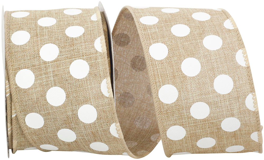 Natural 2-1 2 Inch White Jumbo Dots Linen Wired Edge Ribbon for Wreaths & Bows