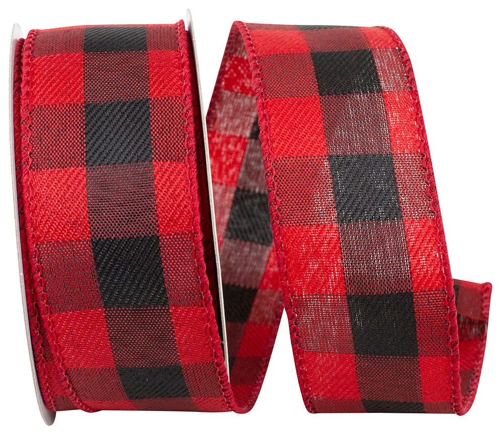 Buffalo Plaid Twill Wired Edge Ribbon Red Black 1-1/2 Inch