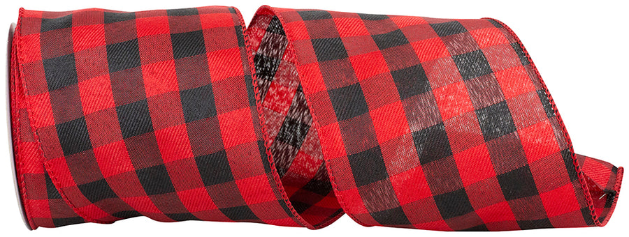 Buffalo Plaid Twill Wired Edge Ribbon Red Black 4 Inch
