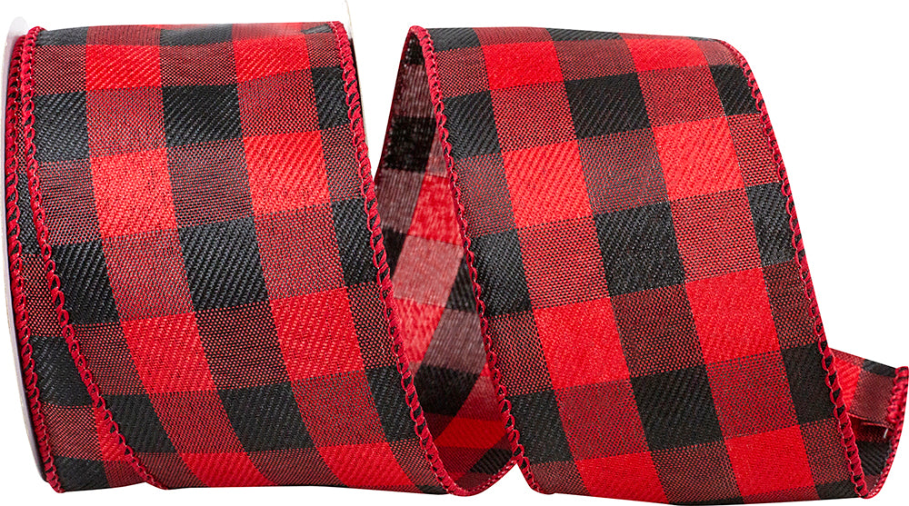 Buffalo Plaid Twill Wired Edge Ribbon Red Black 2-1/2 Inch