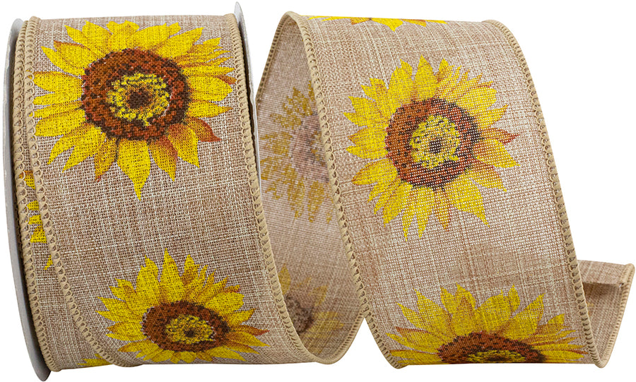Natural 2-1 2 Inch Sunflower Linen Wired Edge Ribbon for Wreaths & Bows