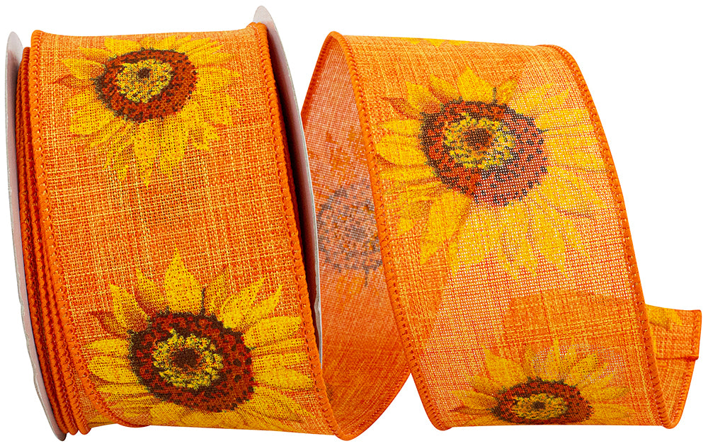 Tangerine 2-1 2 Inch Sunflower Linen Wired Edge Ribbon for Wreaths & Bows