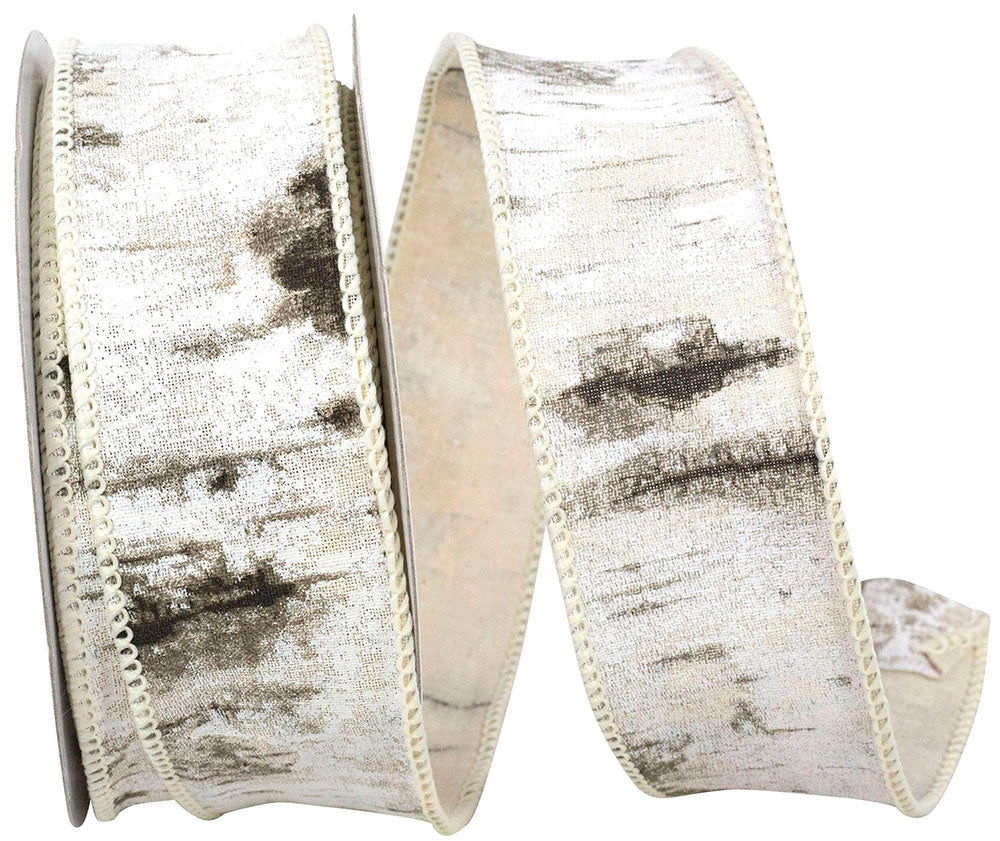 White 1-1 2 Inch Birch Trees Bark Forest Wired Edge Ribbon for Wreaths & Bows