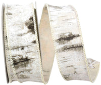 White 1-1 2 Inch Birch Trees Bark Forest Wired Edge Ribbon for Wreaths & Bows
