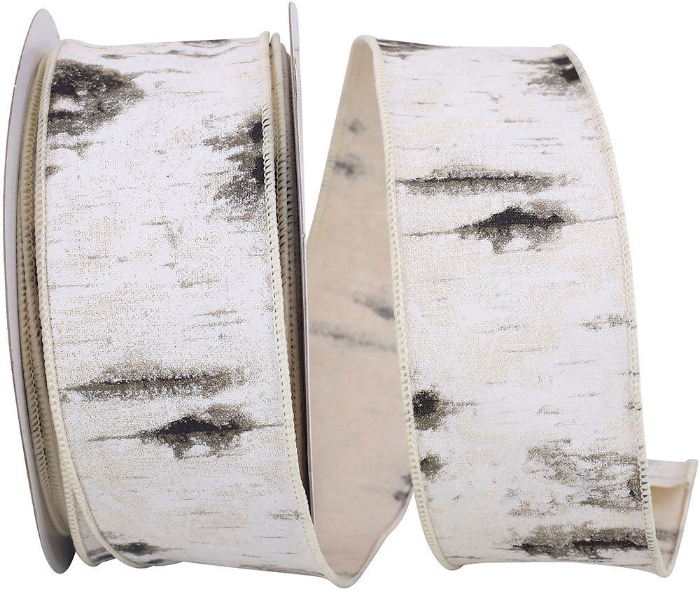 White 2-1 2 Inch Birch Trees Bark Forest Wired Edge Ribbon for Wreaths & Bows