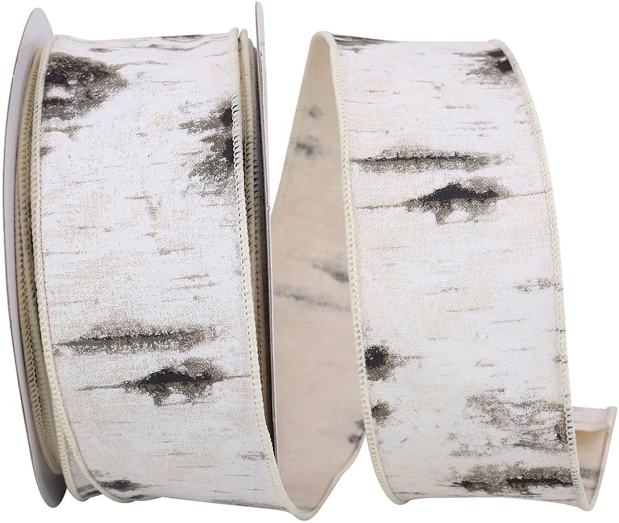 White 2-1 2 Inch Birch Trees Bark Forest Wired Edge Ribbon for Wreaths & Bows