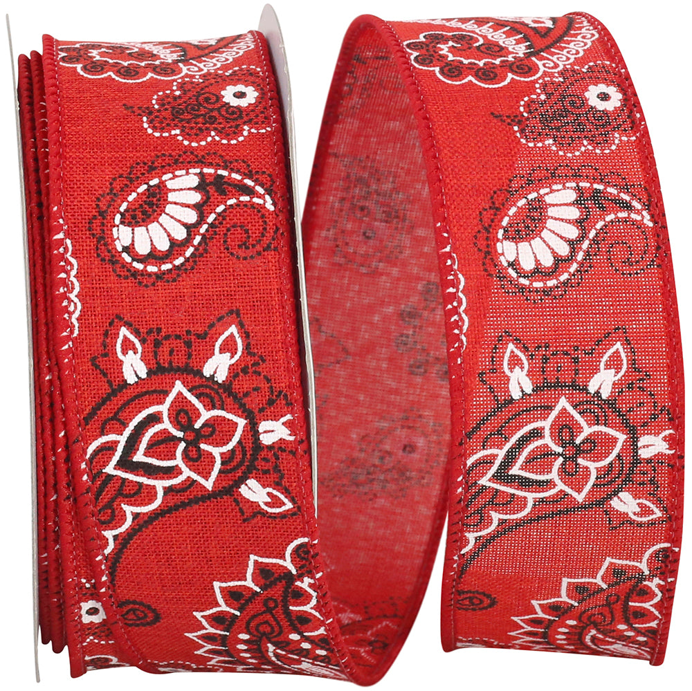 Red 1-1 2 Inch Bandana Linen Wired Edge Ribbon for Wreaths & Bows