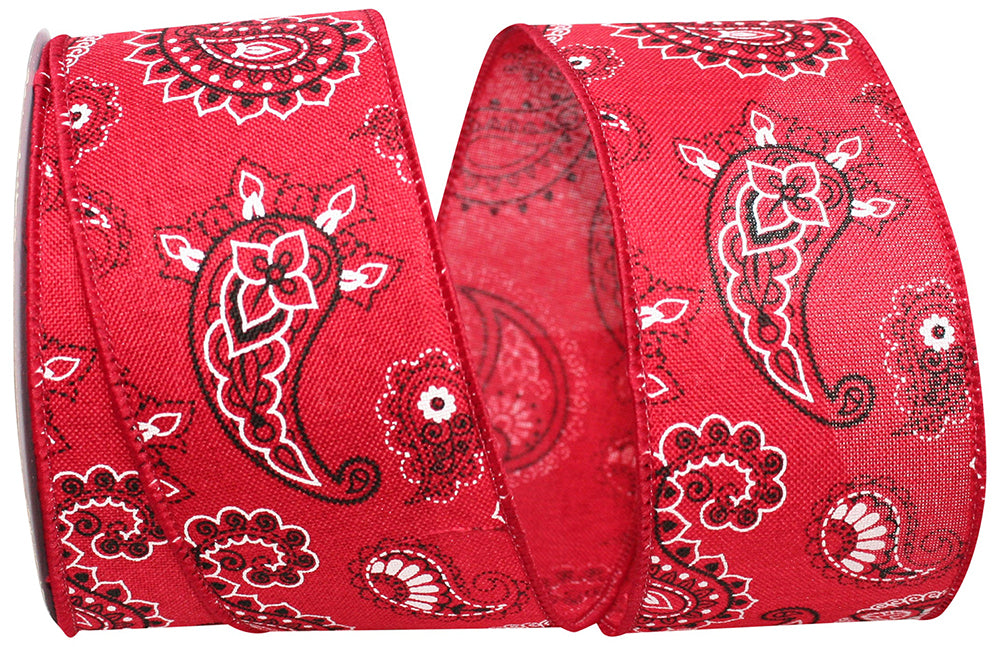 Red 2-1 2 Inch Bandana Linen Wired Edge Ribbon for Wreaths & Bows