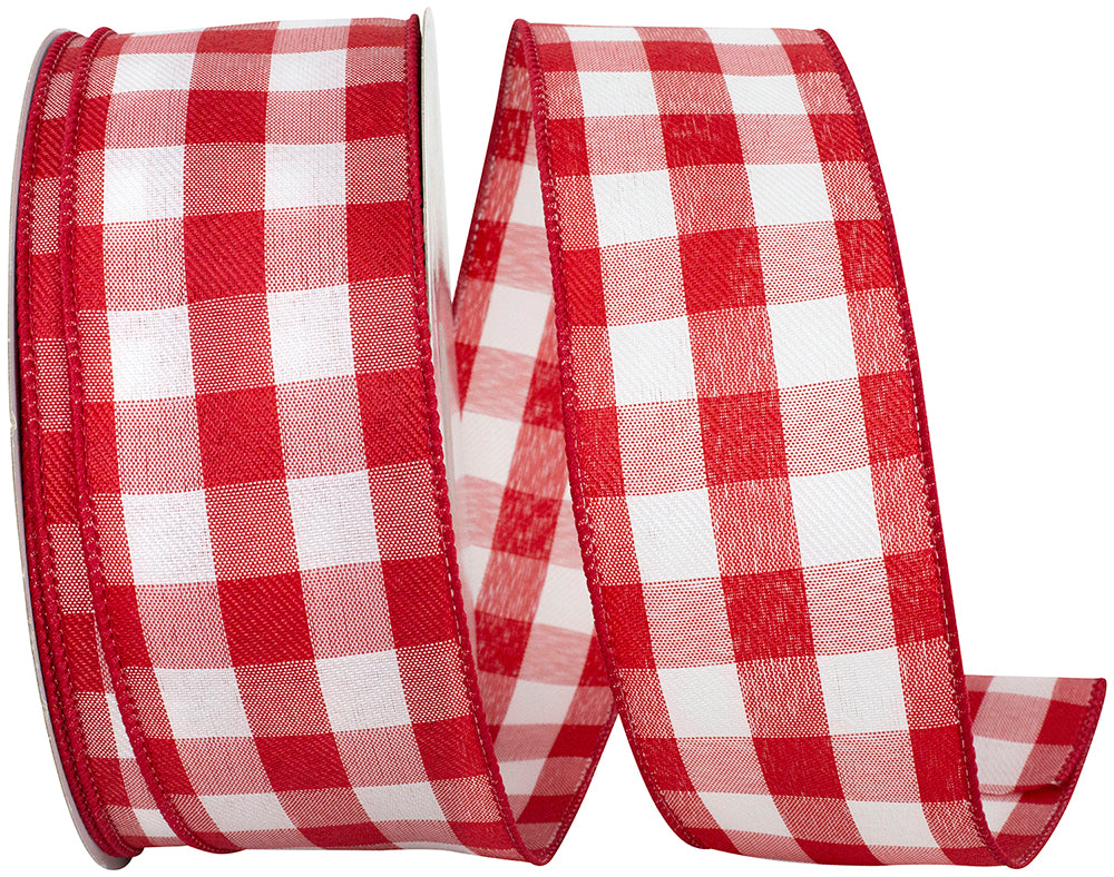 Celine Check Plaid Twill Wired Edge Ribbon White Red 2-1/2 Inch