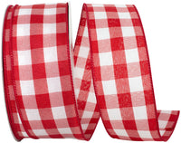 Celine Check Plaid Twill Wired Edge Ribbon White Red 2-1/2 Inch