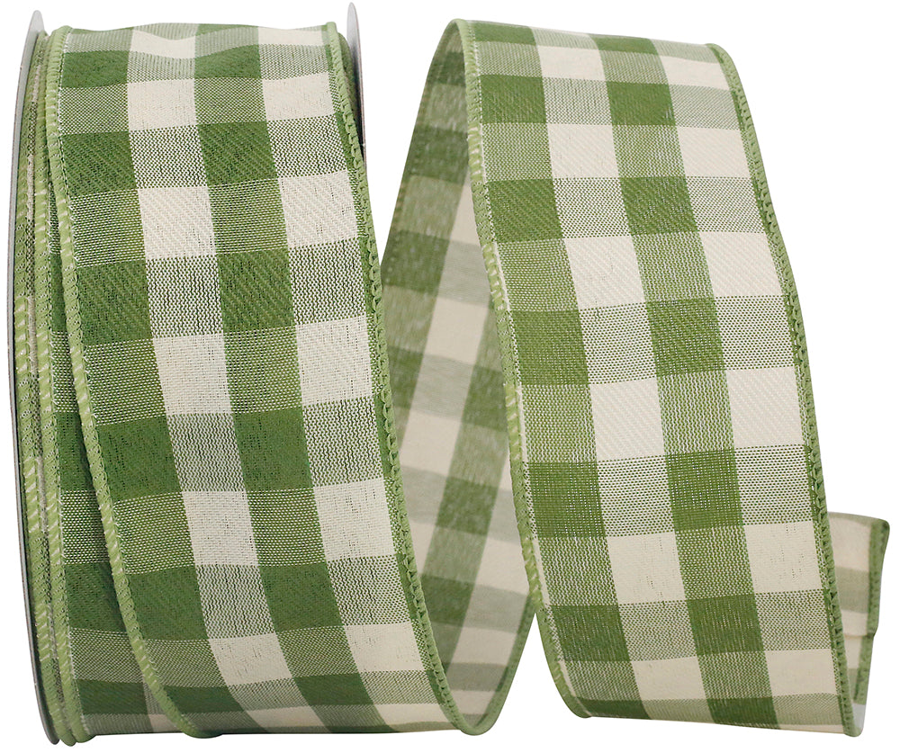 Moss Celine Check Plaid Twill Wired Edge Ribbon 2-1/2 Inch