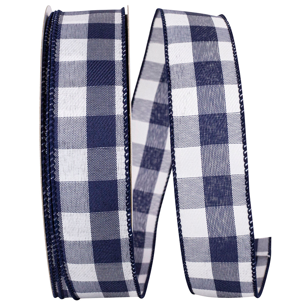 Navy Celine Check Plaid Twill Wired Edge Ribbon 1-1/2 Inch