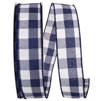 Navy Celine Check Plaid Twill Wired Edge Ribbon 1-1/2 Inch