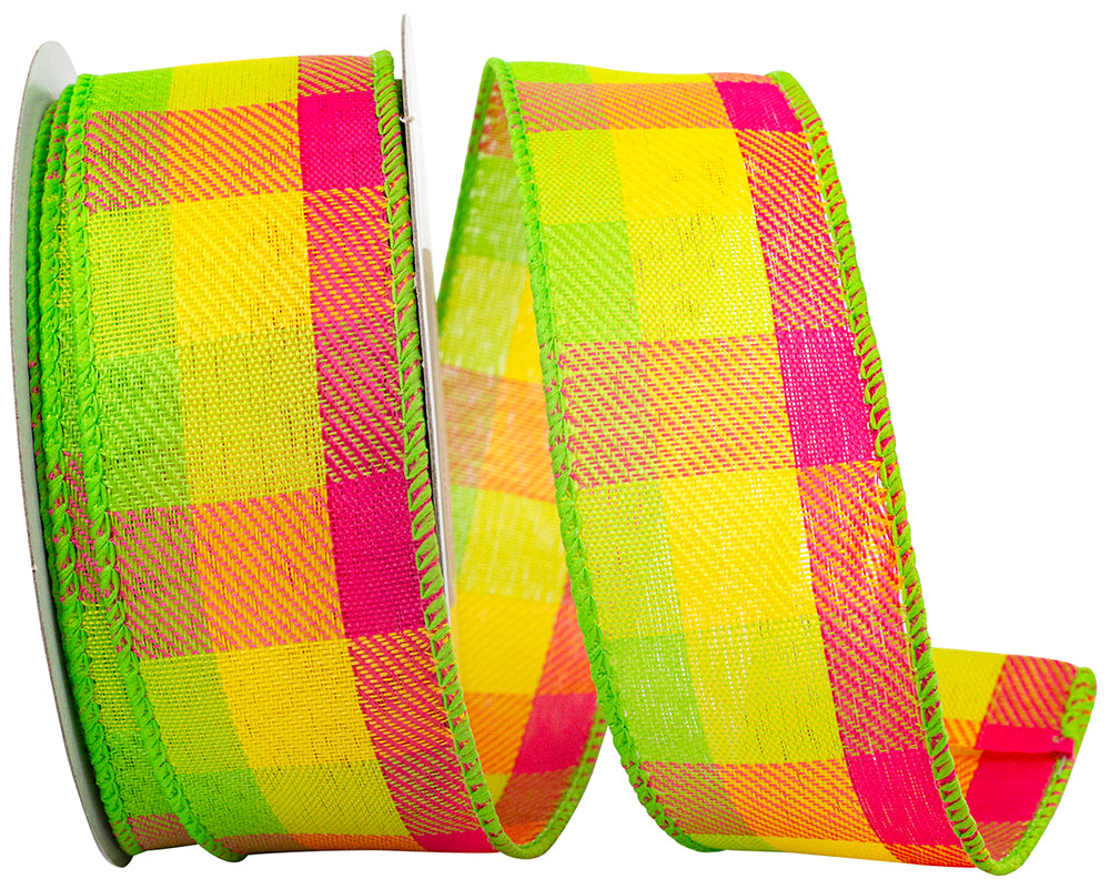 Celine Check Plaid Twill Ribbon Citrus Fuchsia 1-1/2 Inch