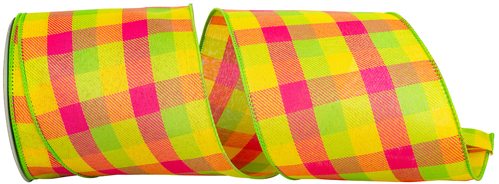 Celine Check Plaid Twill Ribbon Citrus Fuchsia 4 Inch