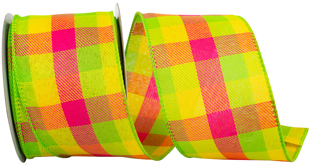 Celine Check Plaid Twill Ribbon Citrus Fuchsia 2-1/2 Inch