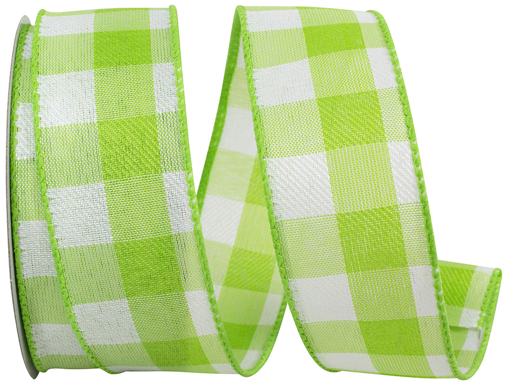 Lime Celine Check Plaid Twill Wired Edge Ribbon 1-1/2 Inch