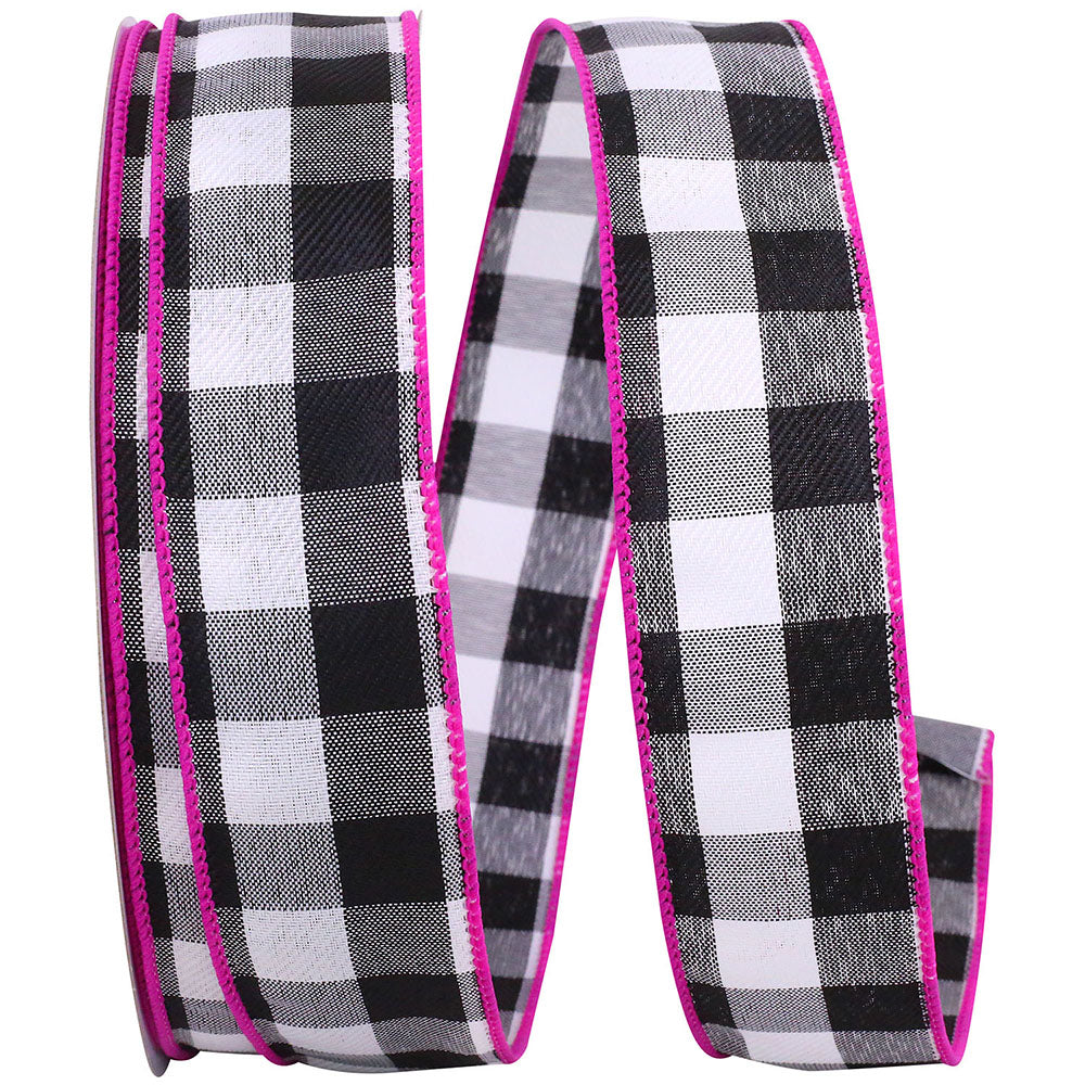 Celine Check Plaid Twill Ribbon Black Fuchsia 1-1/2 Inch