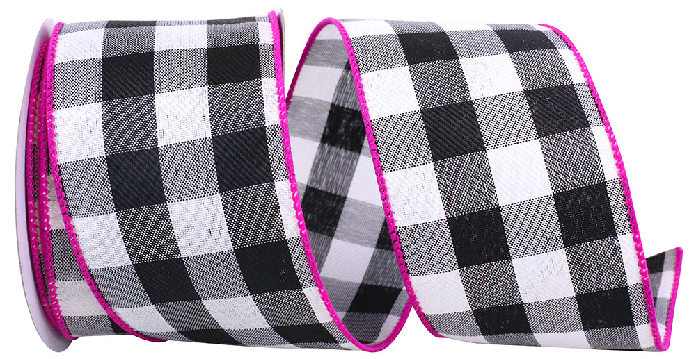 Celine Check Plaid Twill Ribbon Black Fuchsia 2-1/2 Inch
