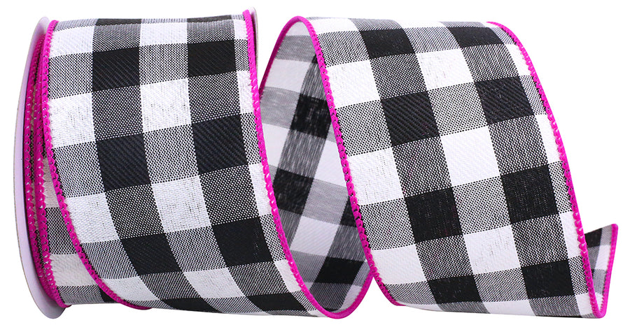 Celine Check Plaid Twill Ribbon Black Fuchsia 2-1/2 Inch