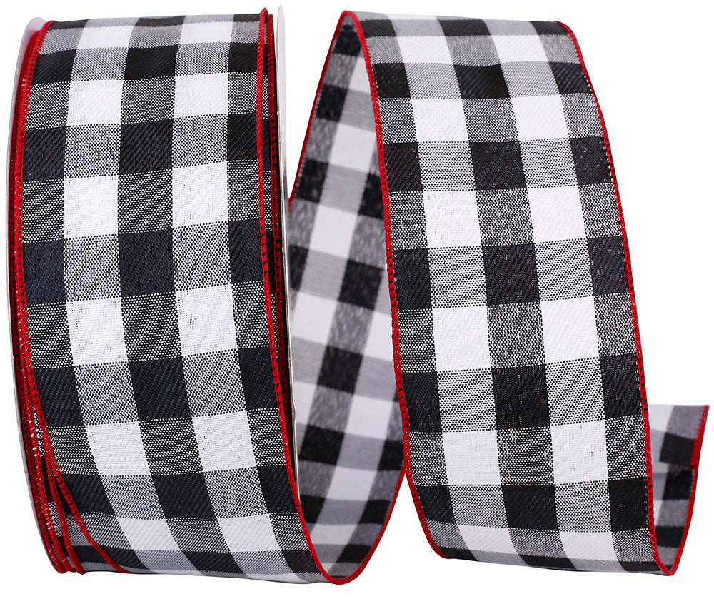 Celine Check Plaid Twill Wired Edge Ribbon Black Red 2-1/2 Inch