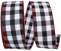 Celine Check Plaid Twill Wired Edge Ribbon Black Red 2-1/2 Inch