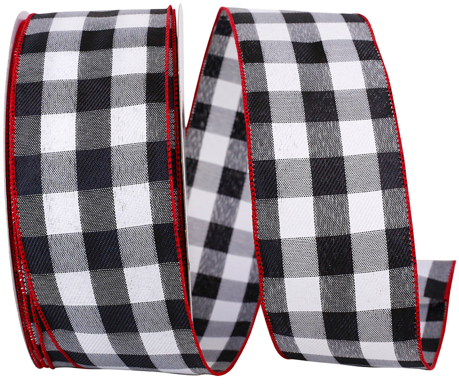 Celine Check Plaid Twill Wired Edge Ribbon Black Red 2-1/2 Inch